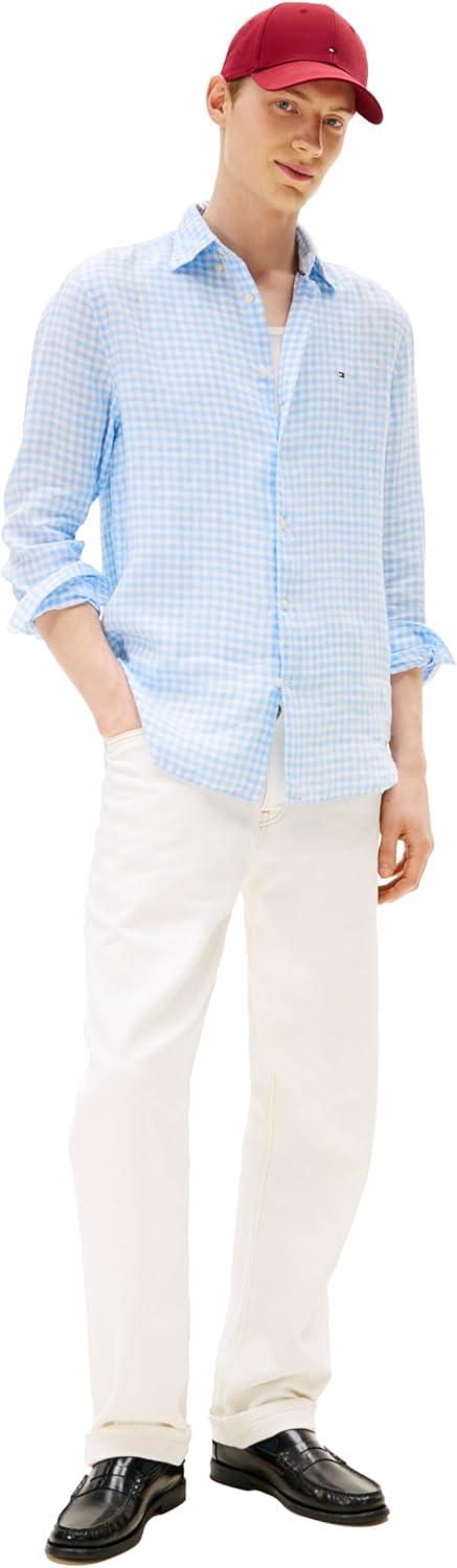 imageTommy Hilfiger Mens Long Sleeve Casual Linen Button Down Shirts in Regular FitVessel Blue Check
