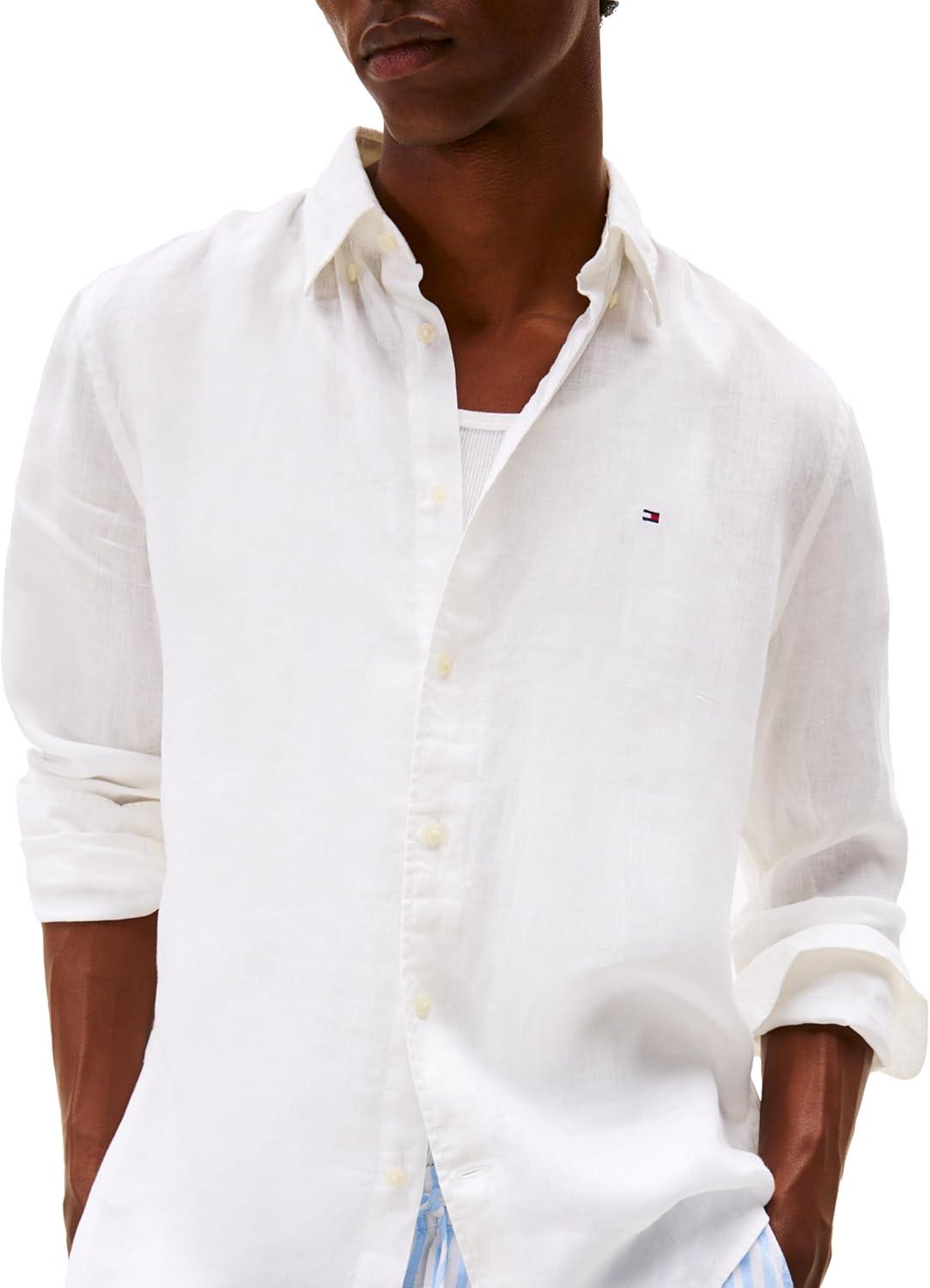 imageTommy Hilfiger Mens Long Sleeve Casual Linen Button Down Shirts in Regular FitWhite