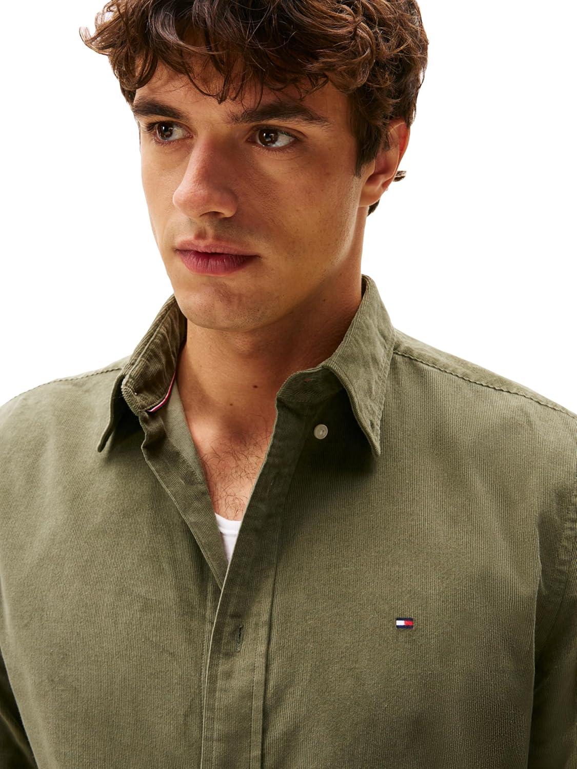 imageTommy Hilfiger Mens Long Sleeve Corduroy Shirts in Regular Fit Mens Button Down ShirtBattle Green