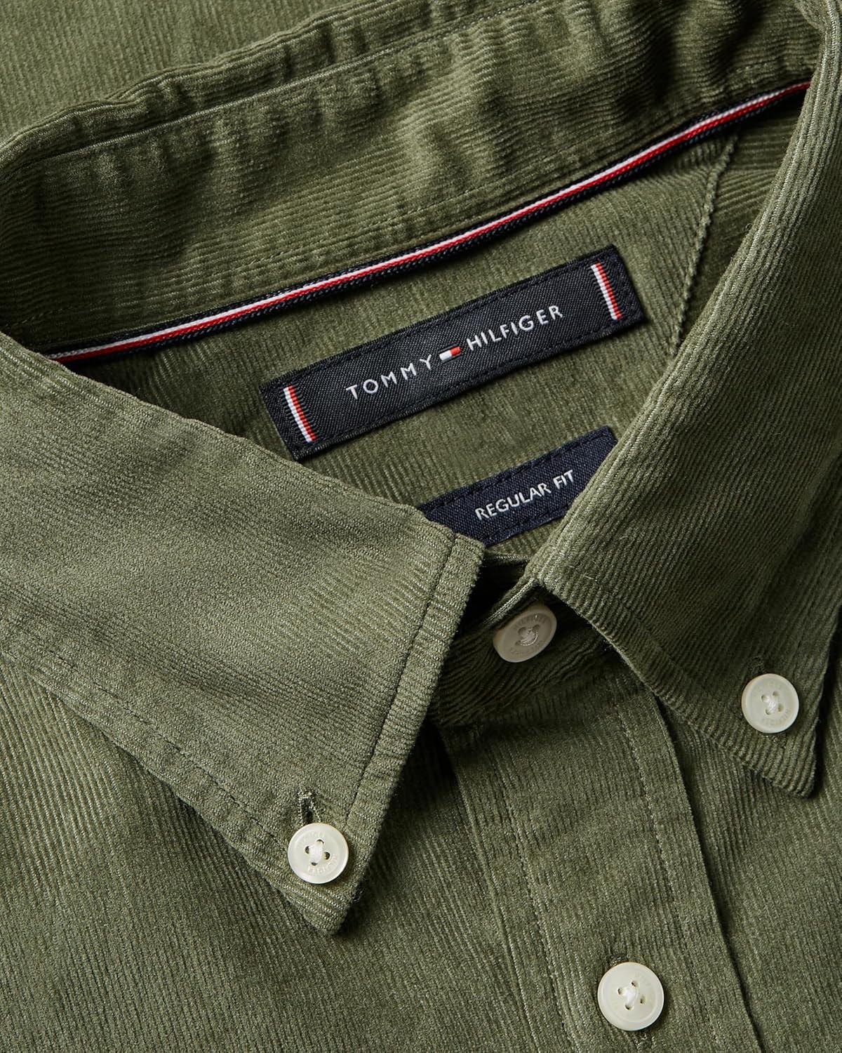 imageTommy Hilfiger Mens Long Sleeve Corduroy Shirts in Regular Fit Mens Button Down ShirtBattle Green