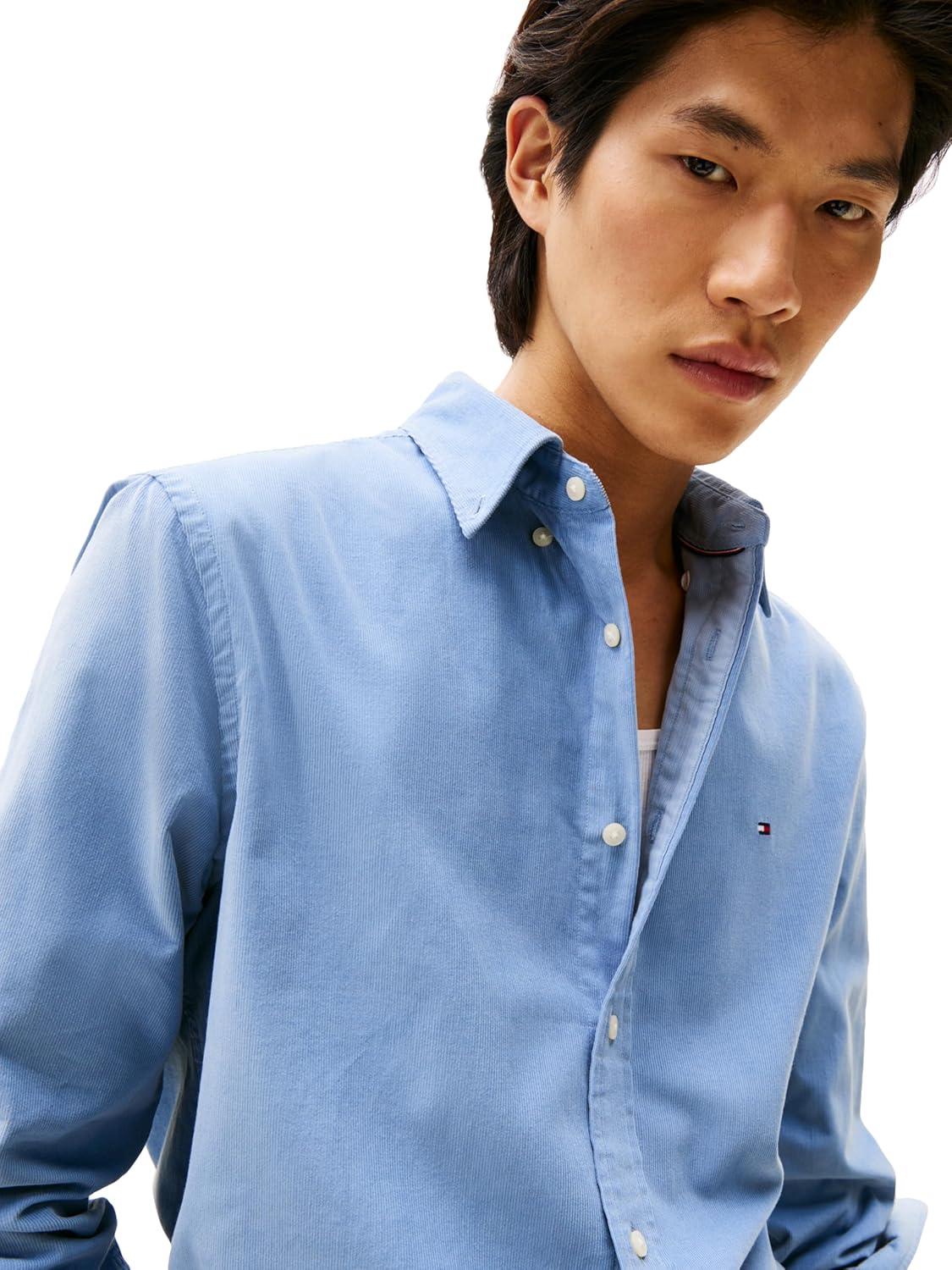 imageTommy Hilfiger Mens Long Sleeve Corduroy Shirts in Regular Fit Mens Button Down ShirtBrisk Blue