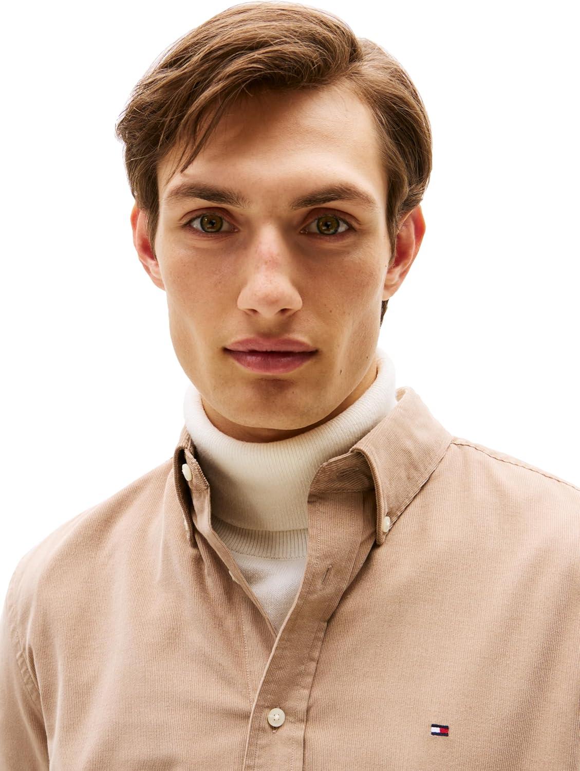 imageTommy Hilfiger Mens Long Sleeve Corduroy Shirts in Regular Fit Mens Button Down ShirtCoastal Taupe