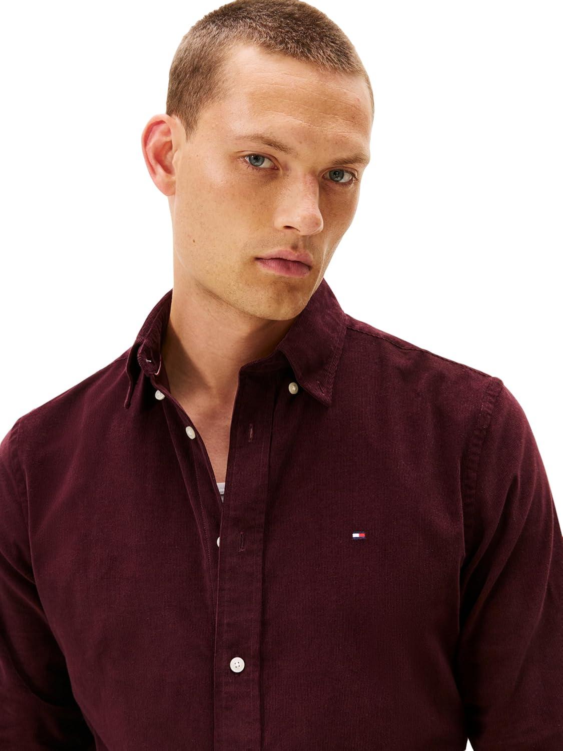 imageTommy Hilfiger Mens Long Sleeve Corduroy Shirts in Regular Fit Mens Button Down ShirtDeep Burgundy
