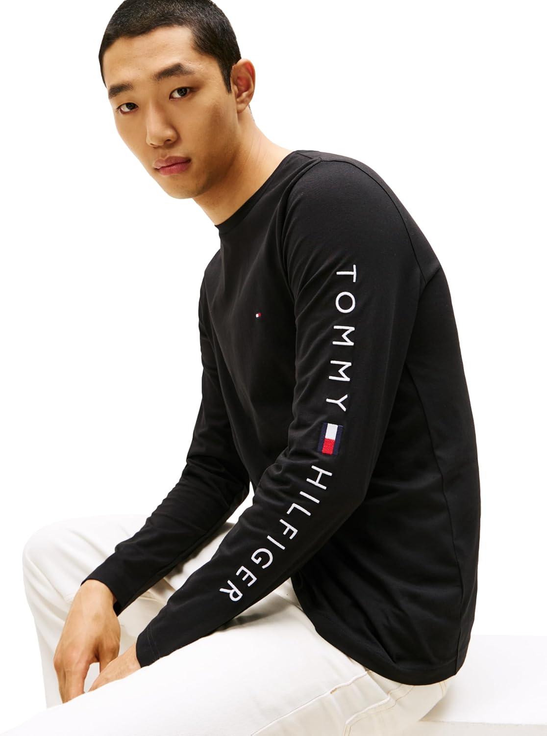 imageTommy Hilfiger Mens Long Sleeve Cotton Graphic TShirts with Embroidered LogoBlack