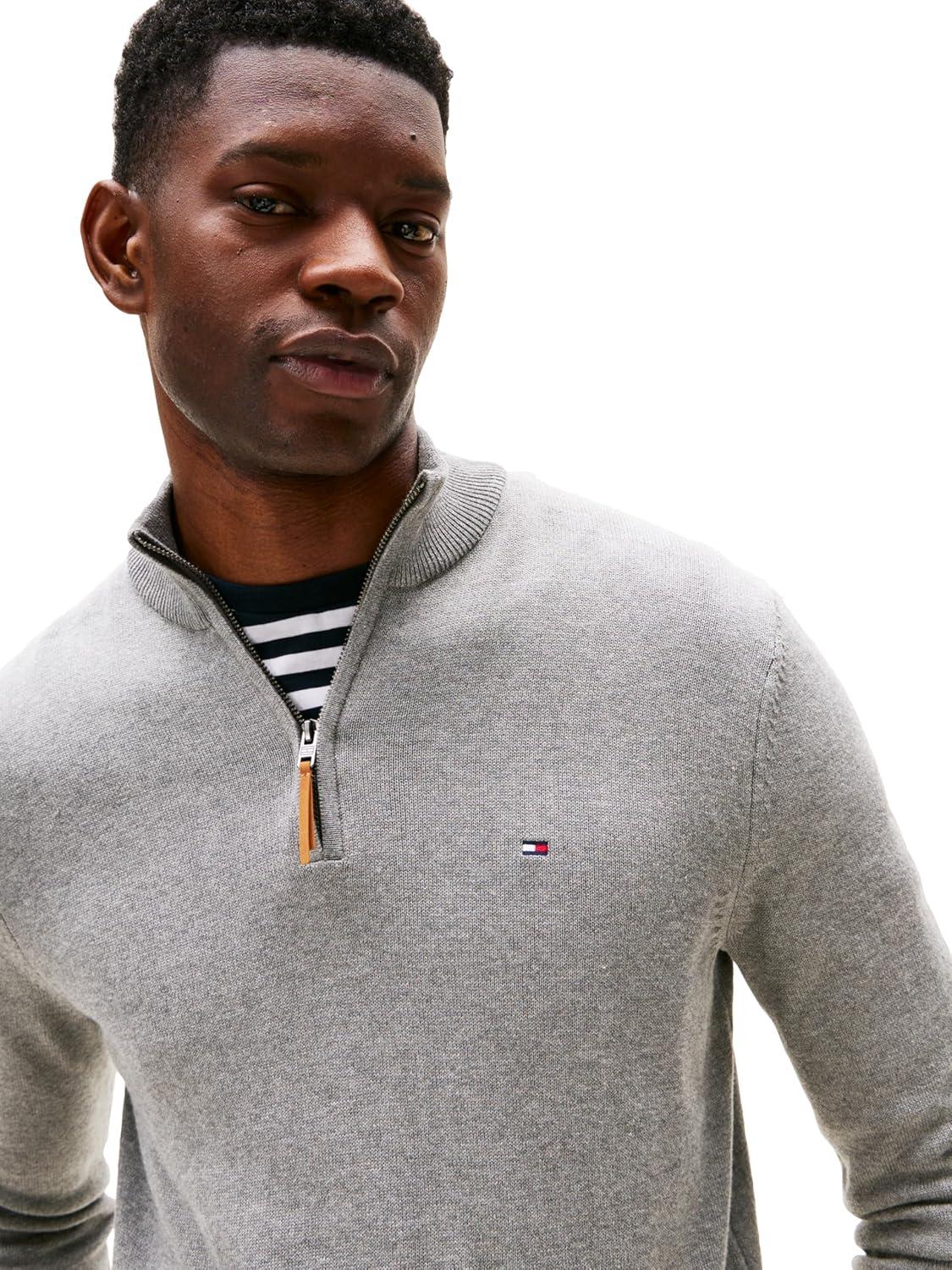 imageTommy Hilfiger Mens Long Sleeve Cotton Quarter Zip Pullover SweaterGrey Heather
