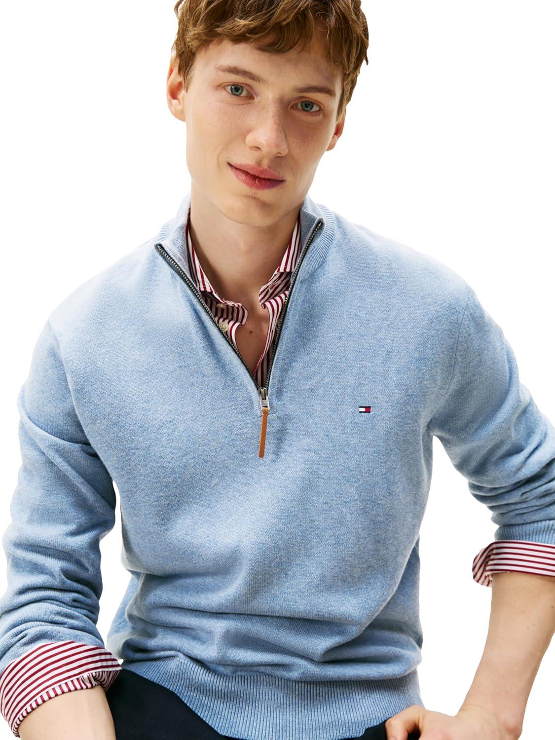 imageTommy Hilfiger Mens Long Sleeve Cotton Quarter Zip Pullover SweaterNavy Heather