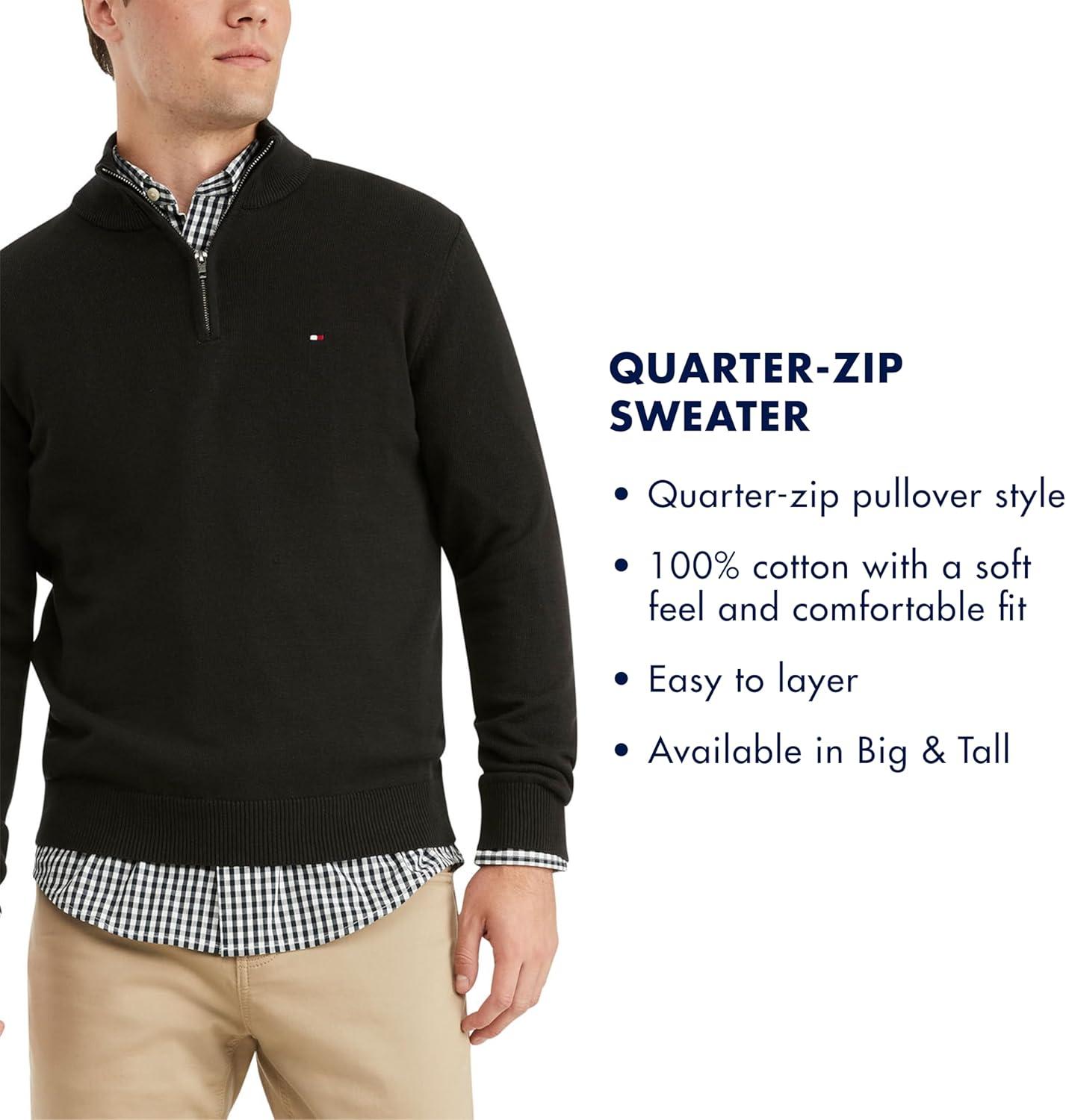 imageTommy Hilfiger Mens Long Sleeve Cotton Quarter Zip Pullover SweaterSky Captain
