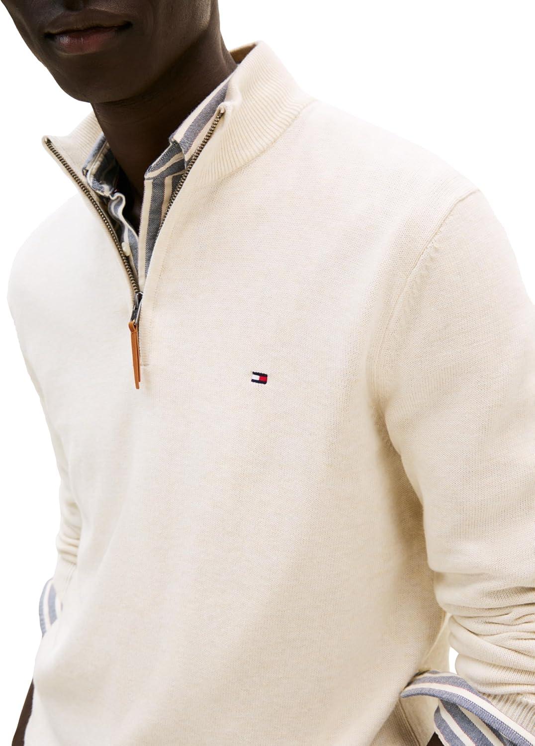 imageTommy Hilfiger Mens Long Sleeve Cotton Quarter Zip Pullover SweaterSnow White Heather