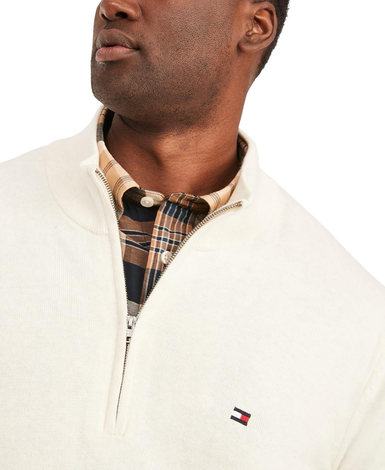 imageTommy Hilfiger Mens Long Sleeve Cotton Quarter Zip Pullover SweaterSnow White Heather