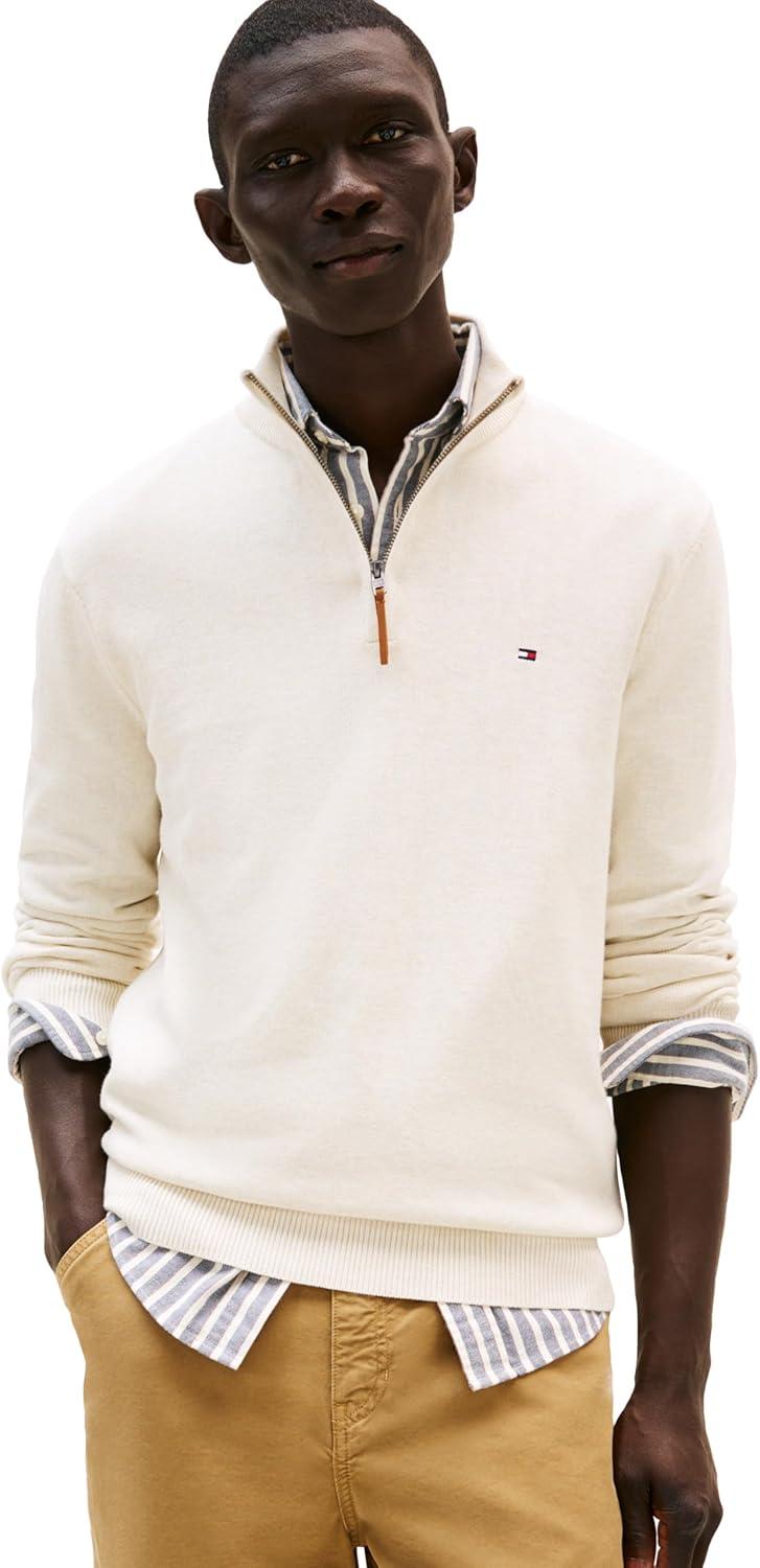 imageTommy Hilfiger Mens Long Sleeve Cotton Quarter Zip Pullover SweaterSnow White Heather
