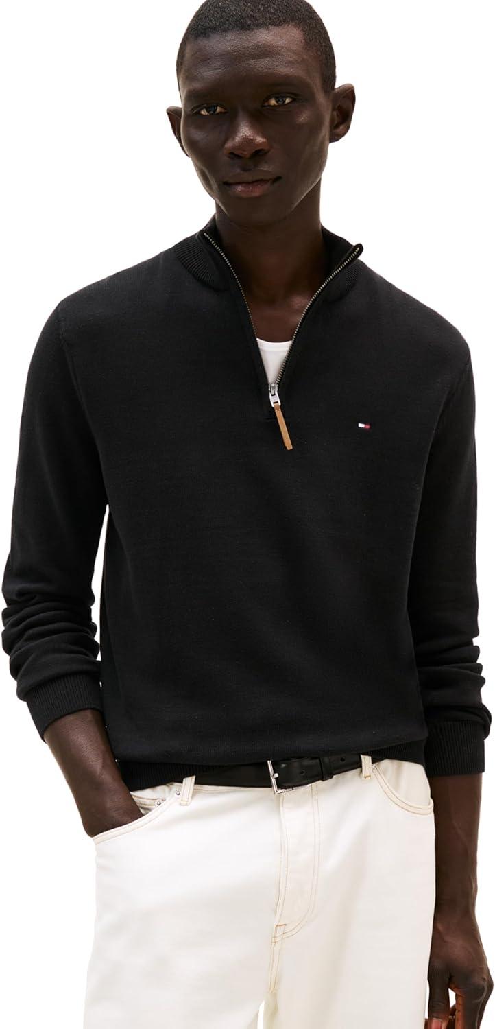 imageTommy Hilfiger Mens Long Sleeve Cotton Quarter Zip Pullover SweaterTh Deep Black