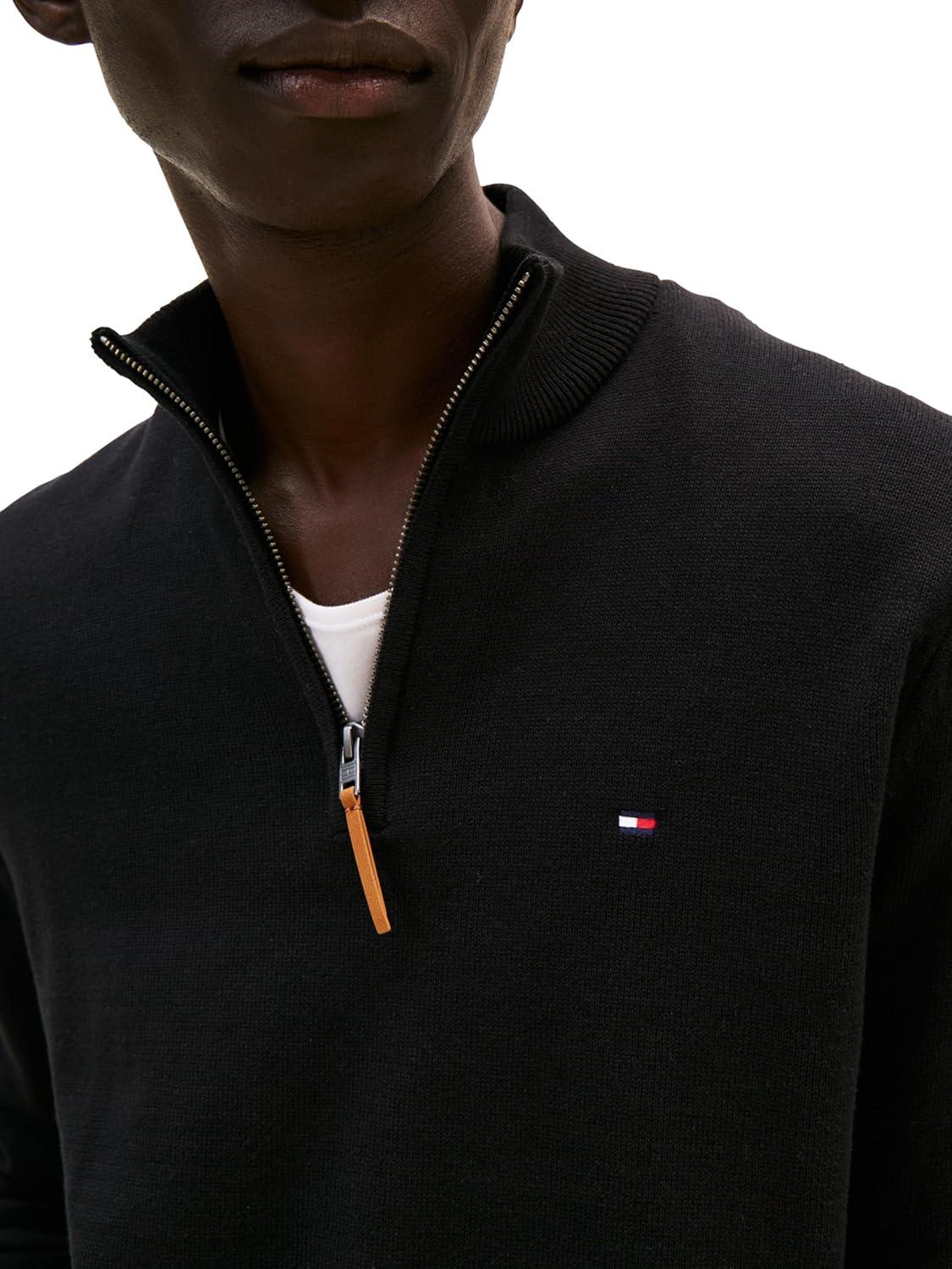 imageTommy Hilfiger Mens Long Sleeve Cotton Quarter Zip Pullover SweaterTh Deep Black