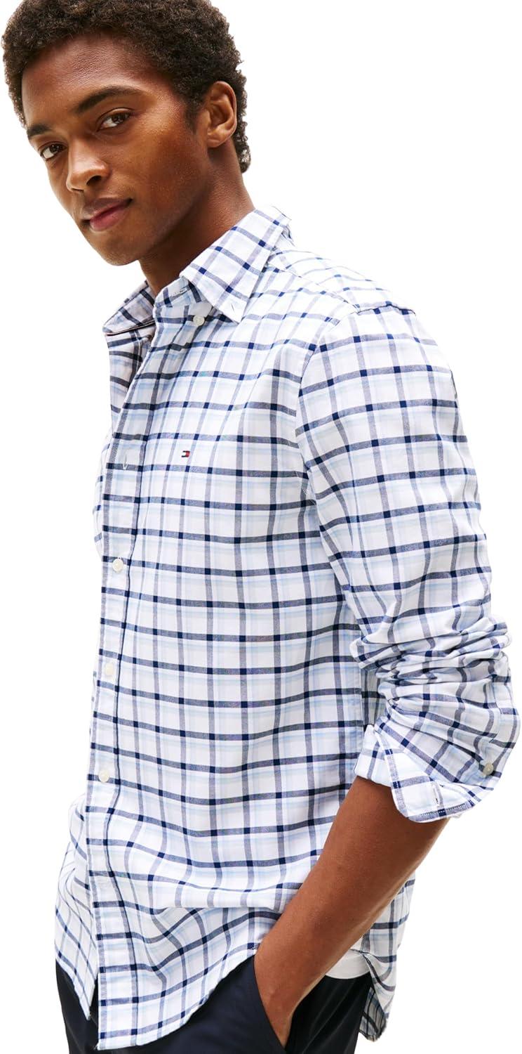 imageTommy Hilfiger Mens Long Sleeve Oxford Shirts in Regular Fit Mens Button Down Shirts Also Available in Big and TallBreezy Blue Check