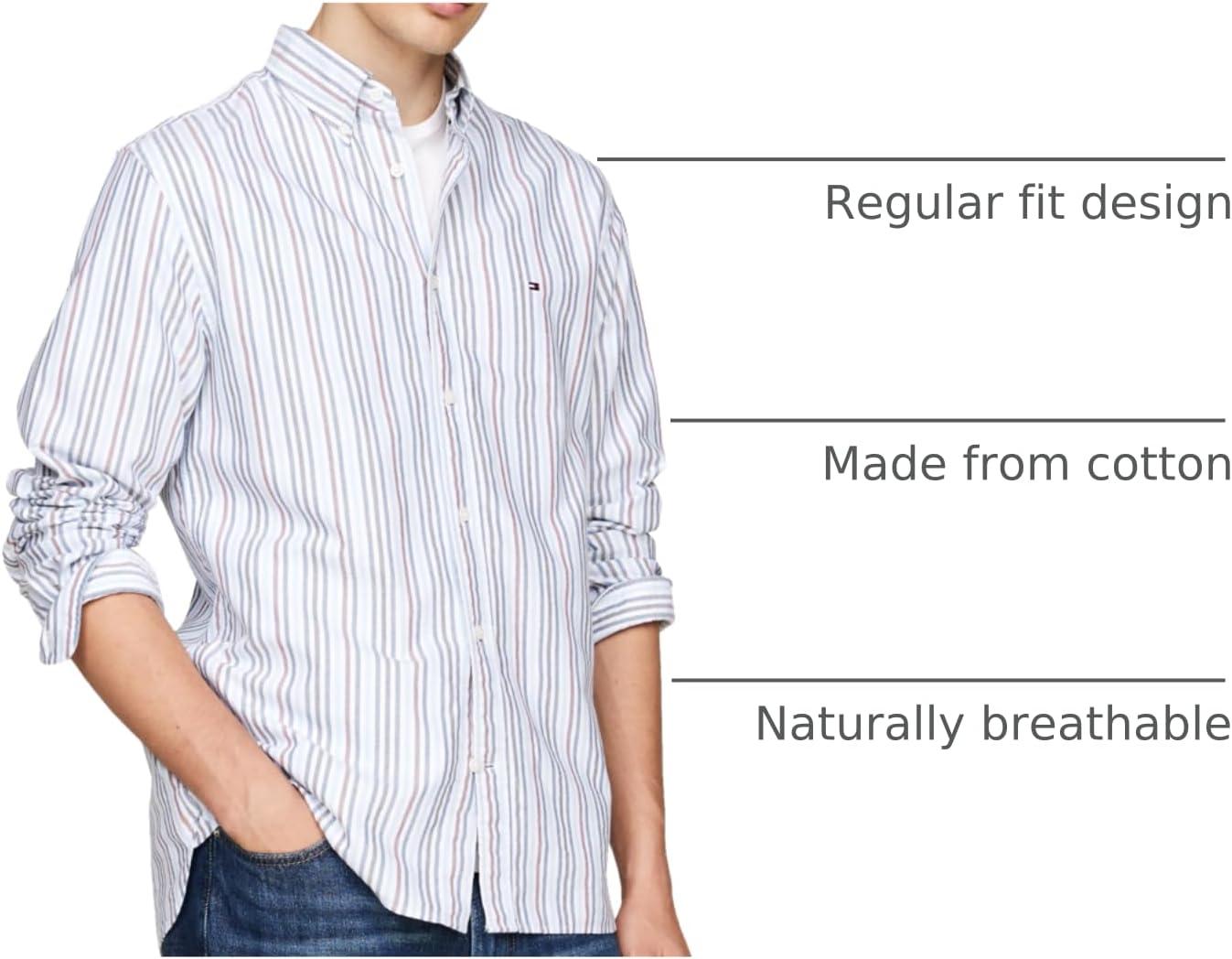 imageTommy Hilfiger Mens Long Sleeve Oxford Shirts in Regular Fit Mens Button Down Shirts Also Available in Big and TallCloudy Blue Rouge Multi