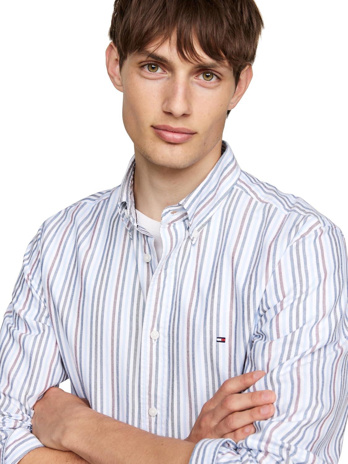 imageTommy Hilfiger Mens Long Sleeve Oxford Shirts in Regular Fit Mens Button Down Shirts Also Available in Big and TallCloudy Blue Rouge Multi