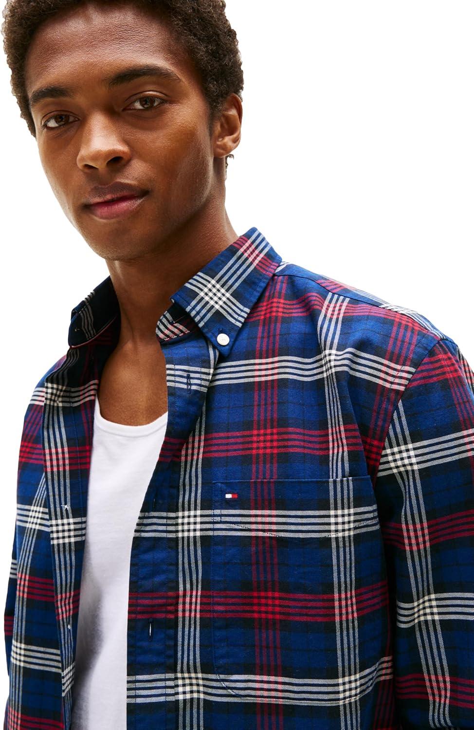 imageTommy Hilfiger Mens Long Sleeve Oxford Shirts in Regular Fit Mens Button Down Shirts Also Available in Big and TallDesert Sky Multi Check