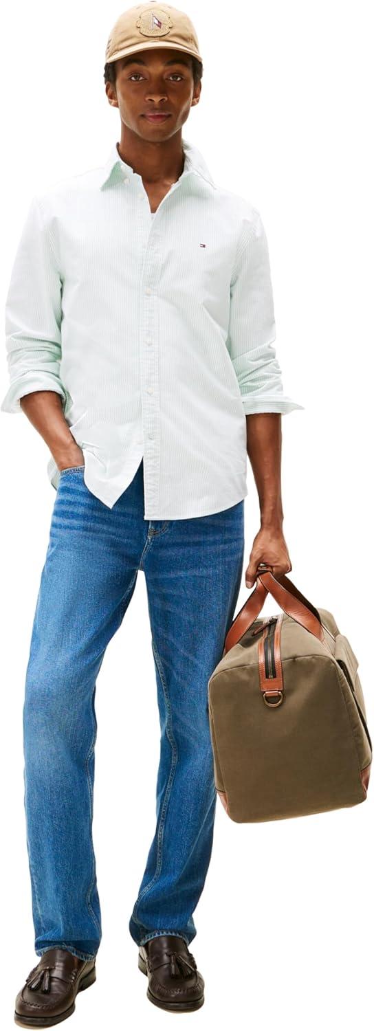 imageTommy Hilfiger Mens Long Sleeve Oxford Shirts in Regular Fit Mens Button Down Shirts Also Available in Big and TallFort Green White