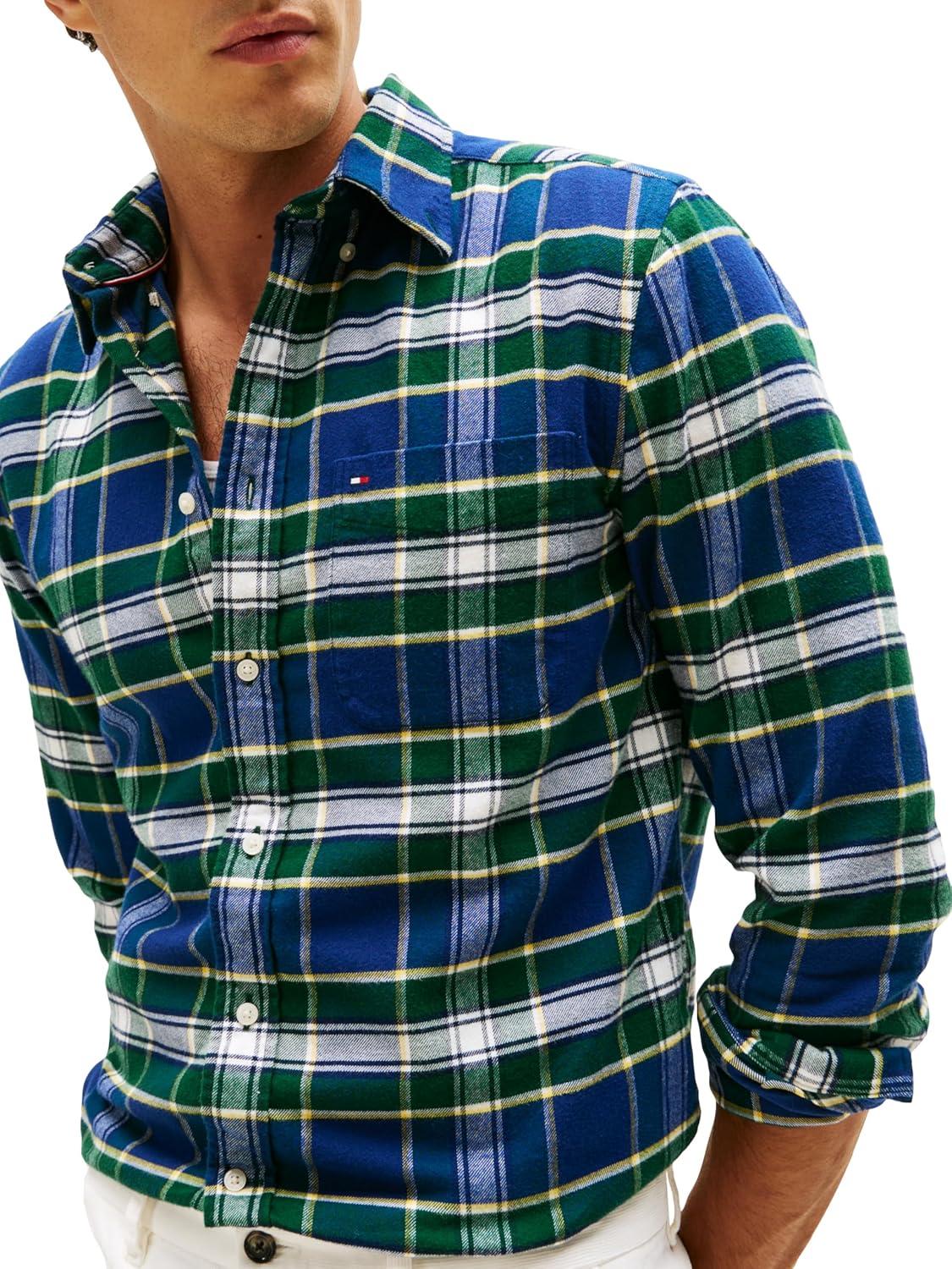 imageTommy Hilfiger Mens Long Sleeve Oxford Shirts in Regular Fit Mens Button Down Shirts Also Available in Big and TallOrnamental Green Check