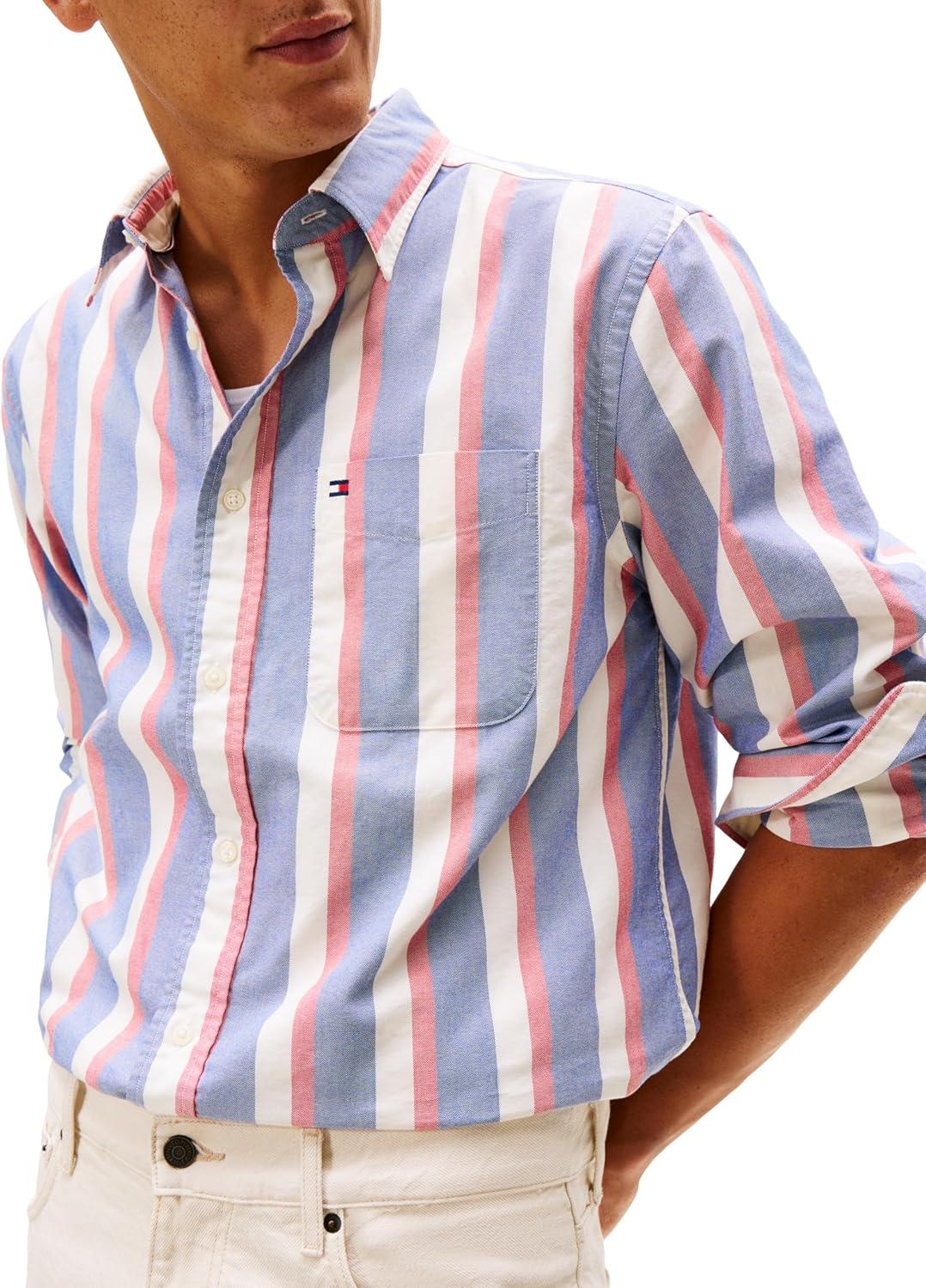 imageTommy Hilfiger Mens Long Sleeve Oxford Shirts in Regular Fit Mens Button Down Shirts Also Available in Big and TallWedge Blue Multi Stripe