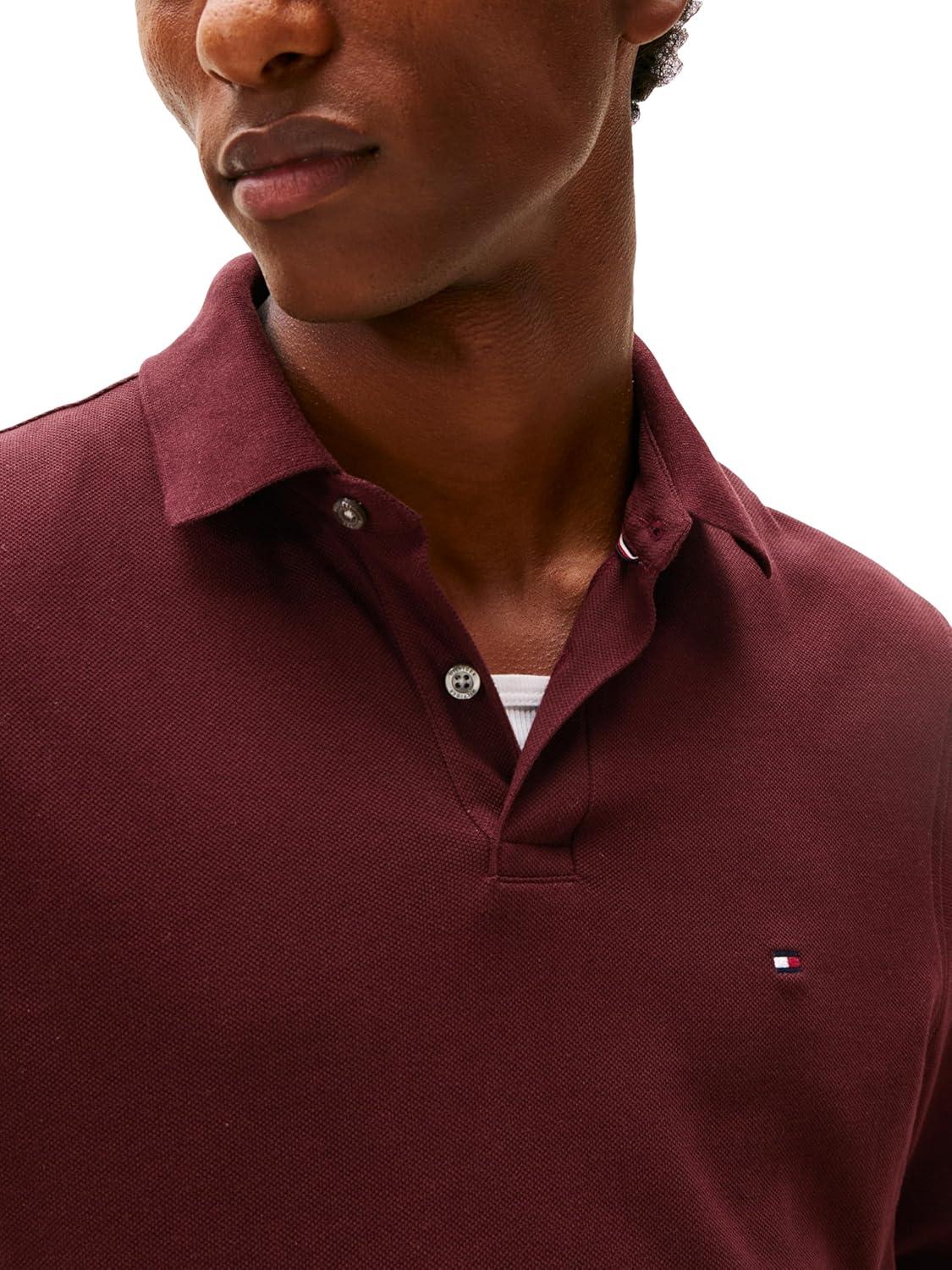 imageTommy Hilfiger Mens Long Sleeve Polo Shirts in Regular Fit with Stretch and Organic Pique CottonDeep Burgundy