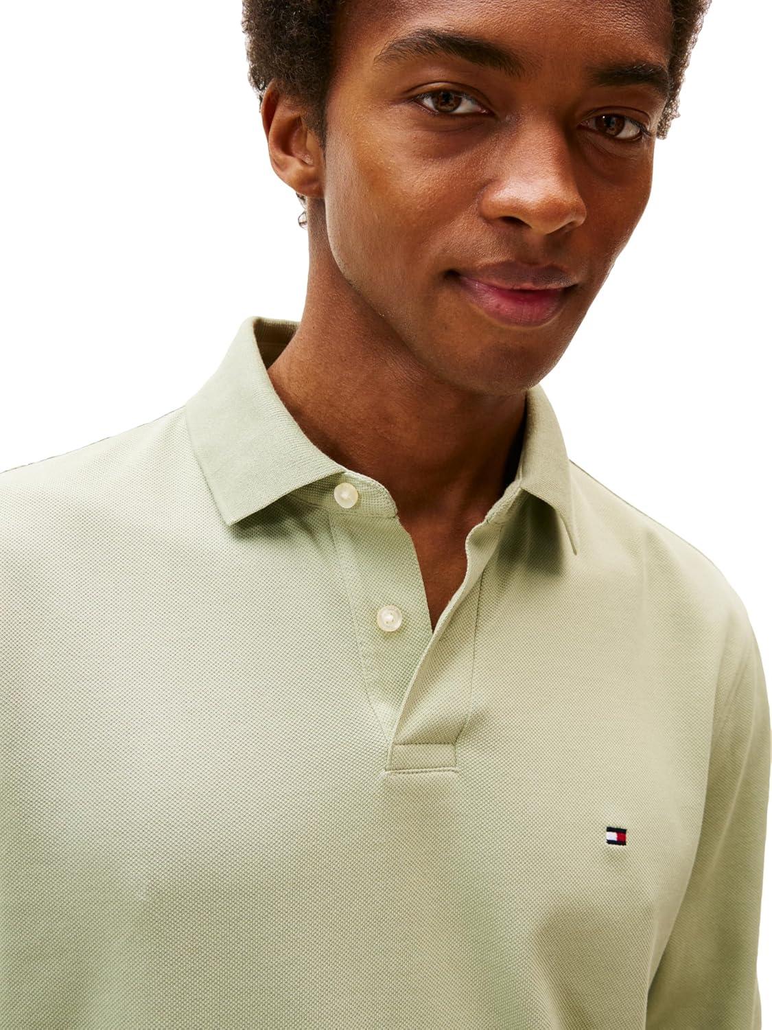 imageTommy Hilfiger Mens Long Sleeve Polo Shirts in Regular Fit with Stretch and Organic Pique CottonEarth Sage