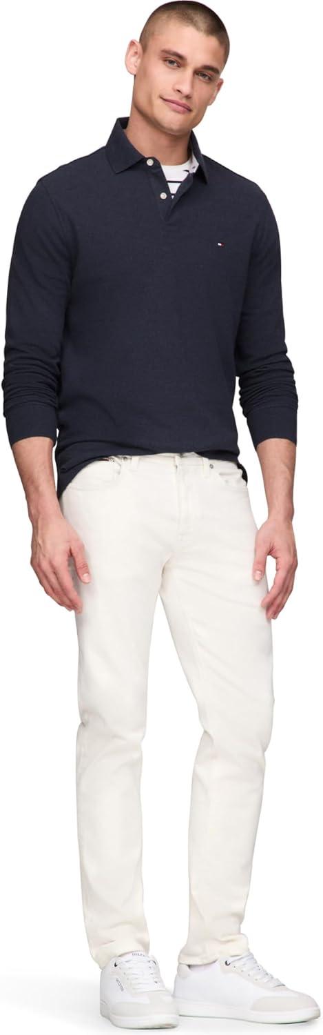 imageTommy Hilfiger Mens Long Sleeve Polo Shirts in Regular Fit with Stretch and Organic Pique CottonFaded Indigo Heather
