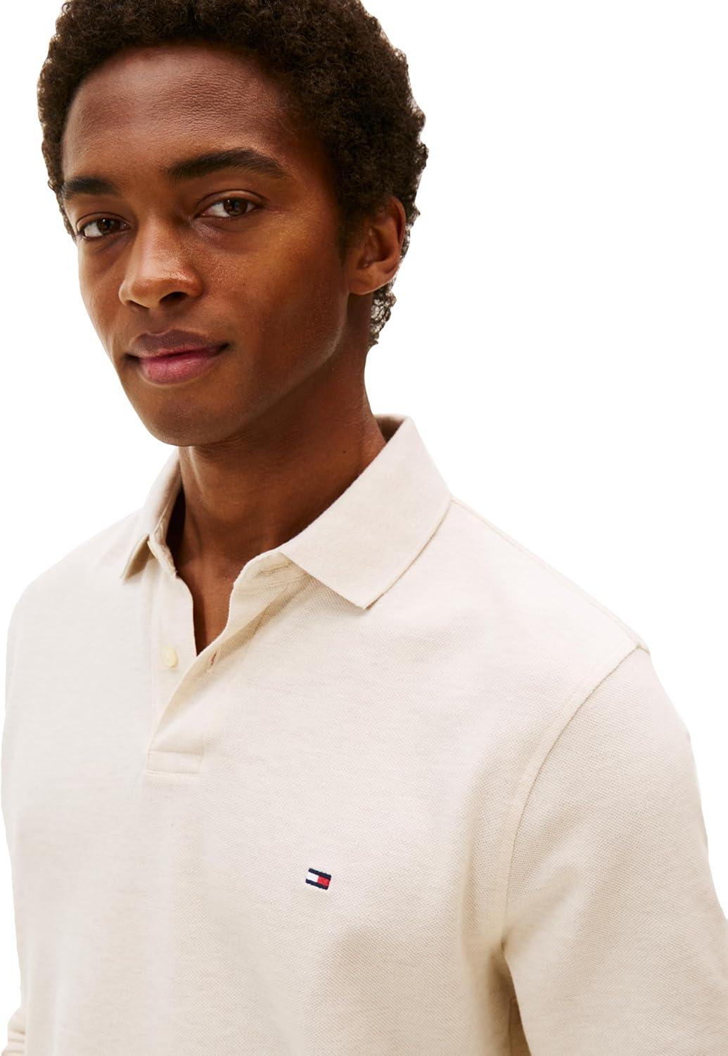 imageTommy Hilfiger Mens Long Sleeve Polo Shirts in Regular Fit with Stretch and Organic Pique CottonHeathered Oatmilk