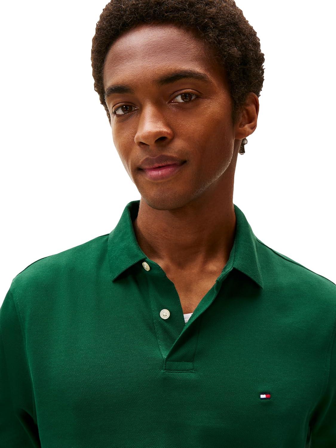 imageTommy Hilfiger Mens Long Sleeve Polo Shirts in Regular Fit with Stretch and Organic Pique CottonOrnamental Green