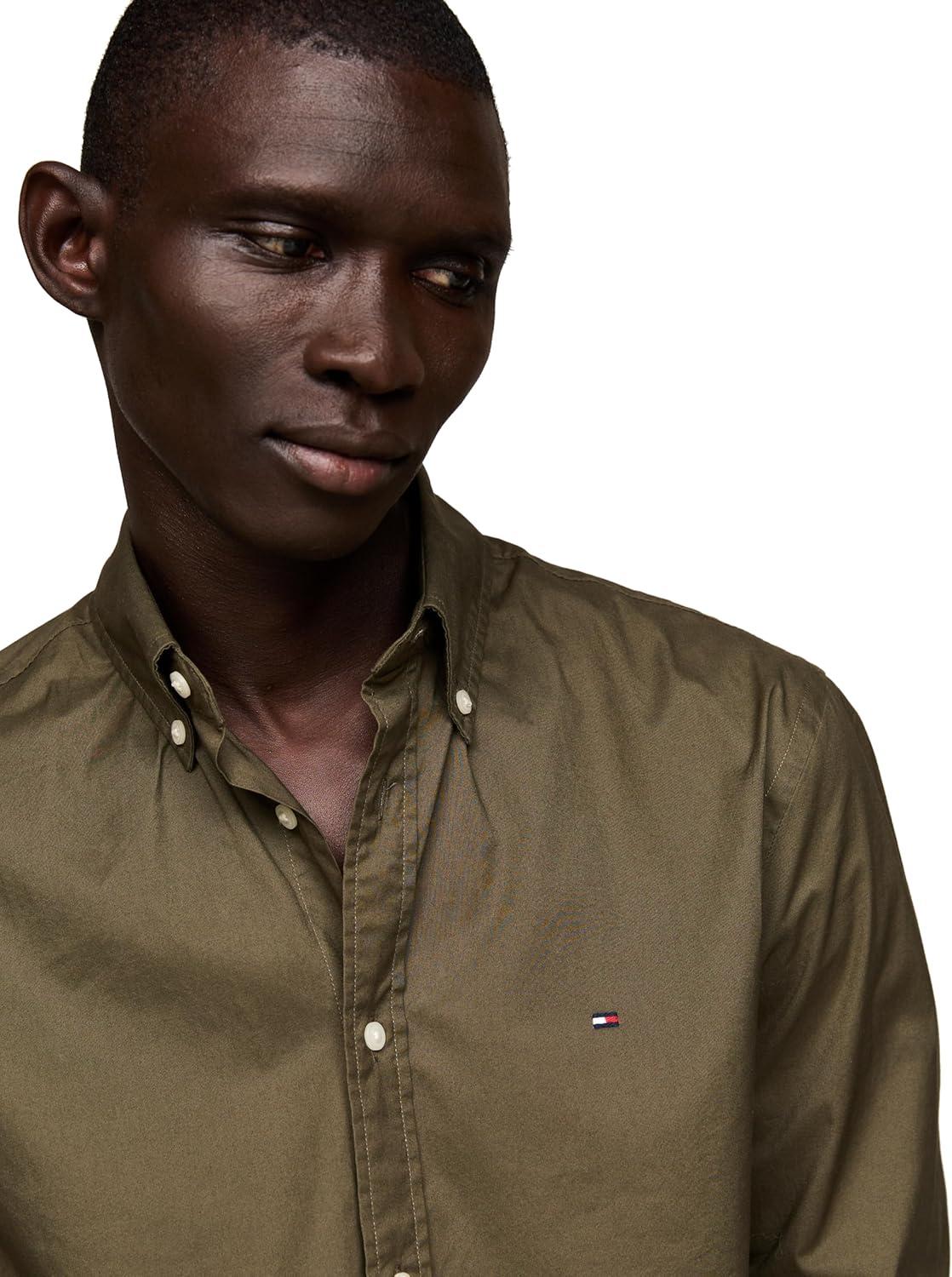 imageTommy Hilfiger Mens Long Sleeve Poplin Shirts in Regular Fit Mens Button Down Shirts Also Available in Big and TallArmy Green