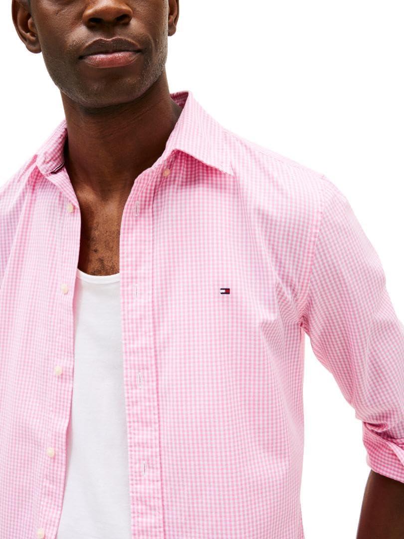 imageTommy Hilfiger Mens Long Sleeve Poplin Shirts in Regular Fit Mens Button Down Shirts Also Available in Big and TallClassic Pink Optic White Gingham