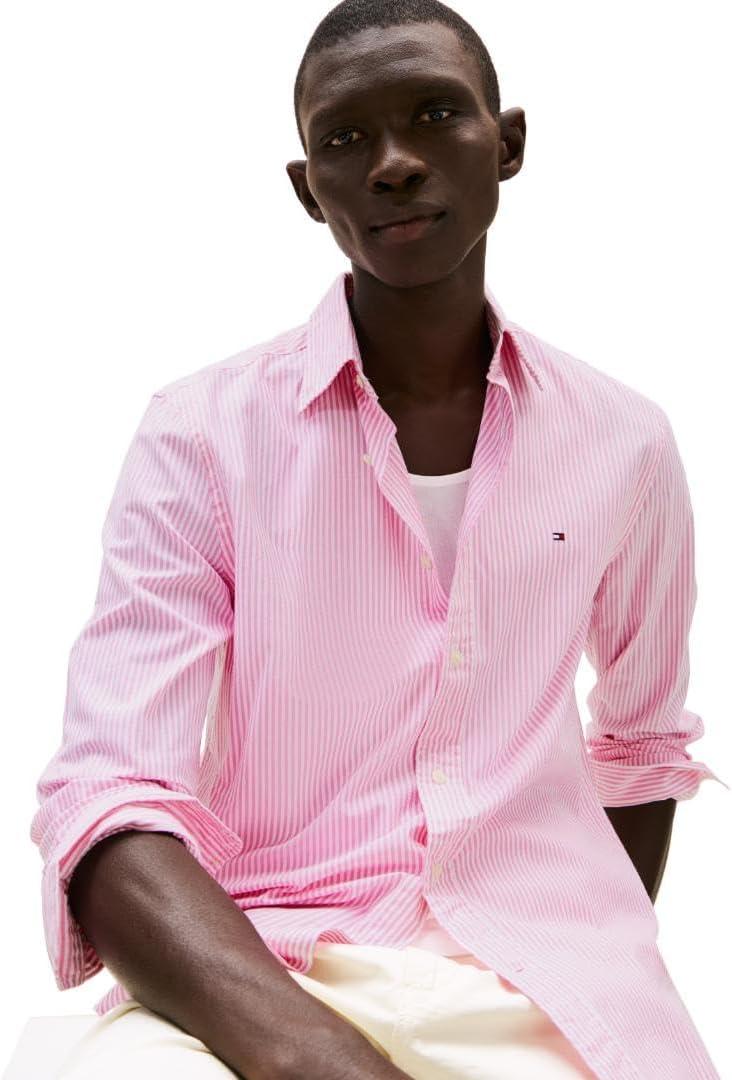 imageTommy Hilfiger Mens Long Sleeve Poplin Shirts in Regular Fit Mens Button Down Shirts Also Available in Big and TallClassic Pink Optic White Stripe