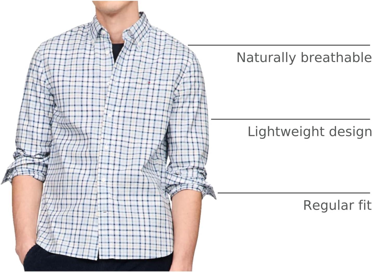 imageTommy Hilfiger Mens Long Sleeve Poplin Shirts in Regular Fit Mens Button Down Shirts Also Available in Big and TallDeep Indigo Breezy Blue Check