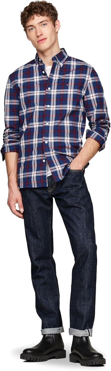 imageTommy Hilfiger Mens Long Sleeve Poplin Shirts in Regular Fit Mens Button Down Shirts Also Available in Big and TallDeep Indigo Rouge Check