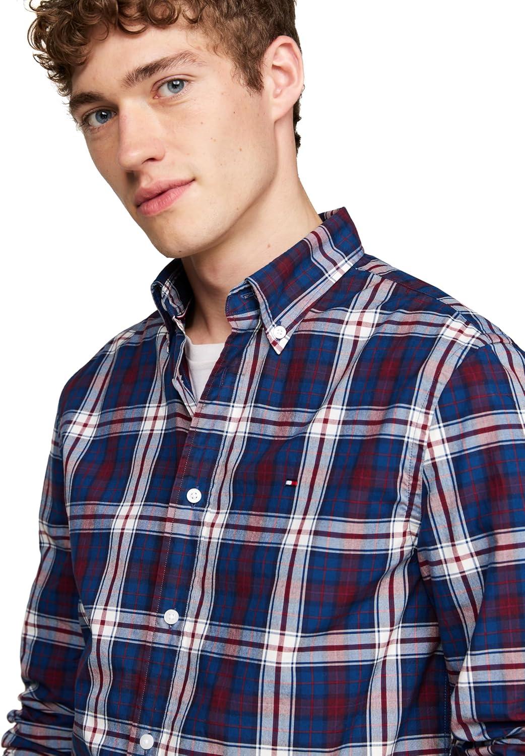 imageTommy Hilfiger Mens Long Sleeve Poplin Shirts in Regular Fit Mens Button Down Shirts Also Available in Big and TallDeep Indigo Rouge Check