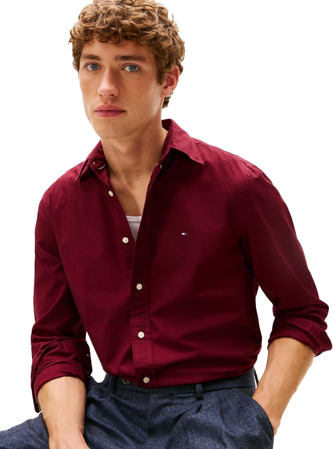 imageTommy Hilfiger Mens Long Sleeve Poplin Shirts in Regular Fit Mens Button Down Shirts Also Available in Big and TallDeep Rouge