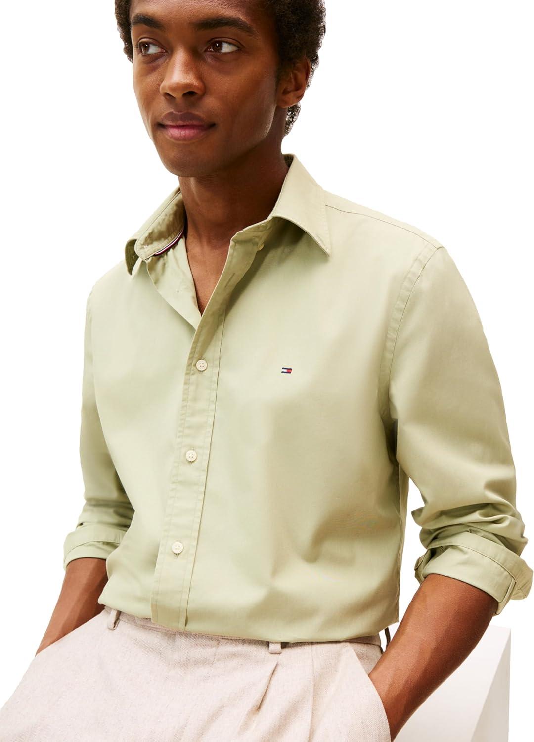 imageTommy Hilfiger Mens Long Sleeve Poplin Shirts in Regular Fit Mens Button Down Shirts Also Available in Big and TallEarth Sage