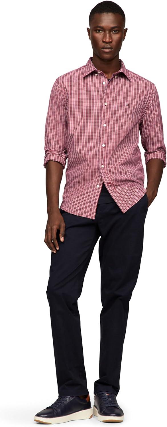 imageTommy Hilfiger Mens Long Sleeve Poplin Shirts in Regular Fit Mens Button Down Shirts Also Available in Big and TallMedium Red Check