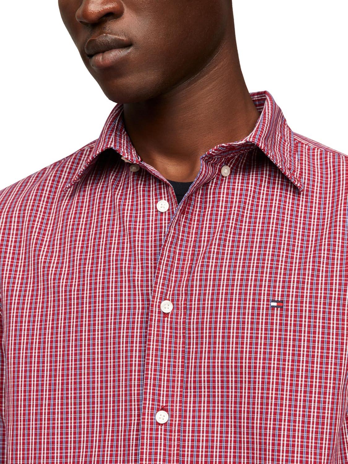 imageTommy Hilfiger Mens Long Sleeve Poplin Shirts in Regular Fit Mens Button Down Shirts Also Available in Big and TallMedium Red Check