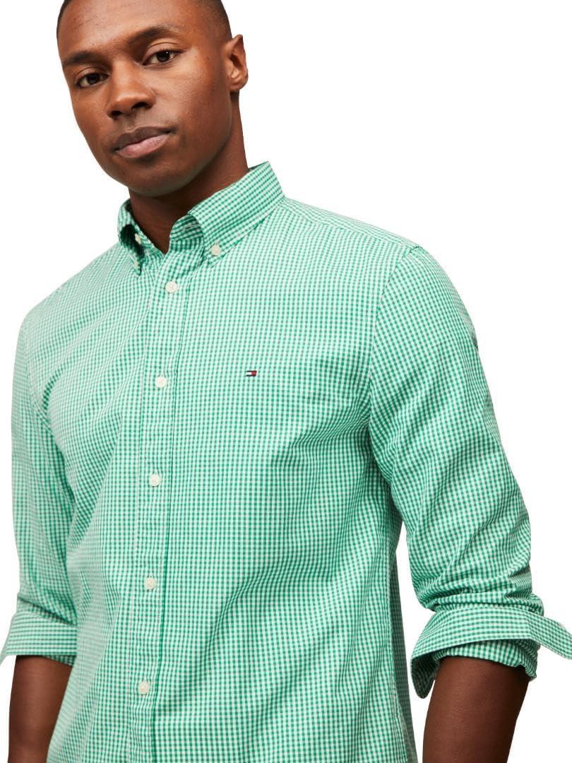 imageTommy Hilfiger Mens Long Sleeve Poplin Shirts in Regular Fit Mens Button Down Shirts Also Available in Big and TallOlympic Green Optic White Gingham