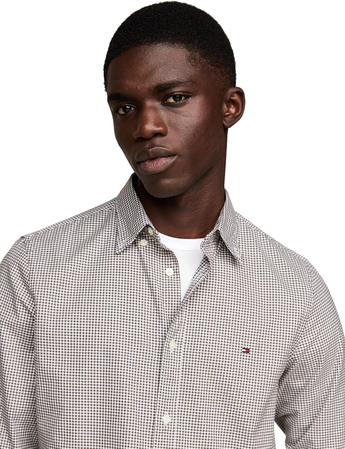 imageTommy Hilfiger Mens Long Sleeve Poplin Shirts in Slim Fit Mens Button Down Shirts Also Available in Big and TallArmy Green Optic White