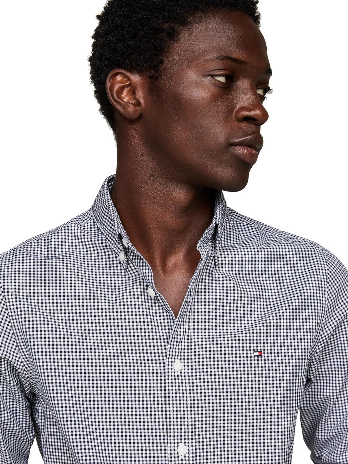 imageTommy Hilfiger Mens Long Sleeve Poplin Shirts in Slim Fit Mens Button Down Shirts Also Available in Big and TallCarbon Navy Optic White