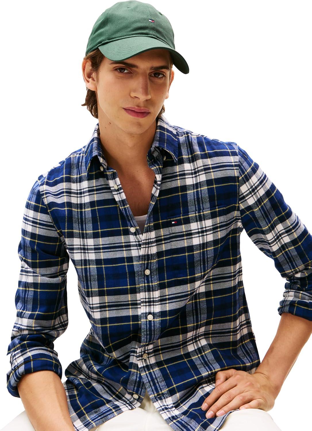 imageTommy Hilfiger Mens Long Sleeve Tartan Shirts in Regular Fit Mens Button Down ShirtPreppy Navy Check