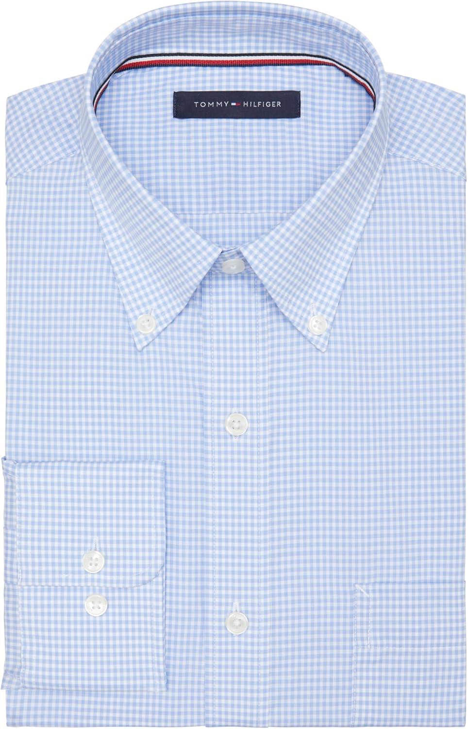 imageTommy Hilfiger Mens Regular Fit Non Iron Gingham Dress Shirt Amazon ExclusiveClear Water