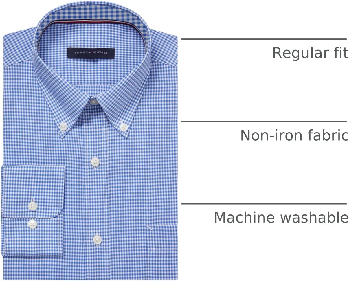 imageTommy Hilfiger Mens Regular Fit Non Iron Gingham Dress Shirt Amazon ExclusiveEnglish Blue