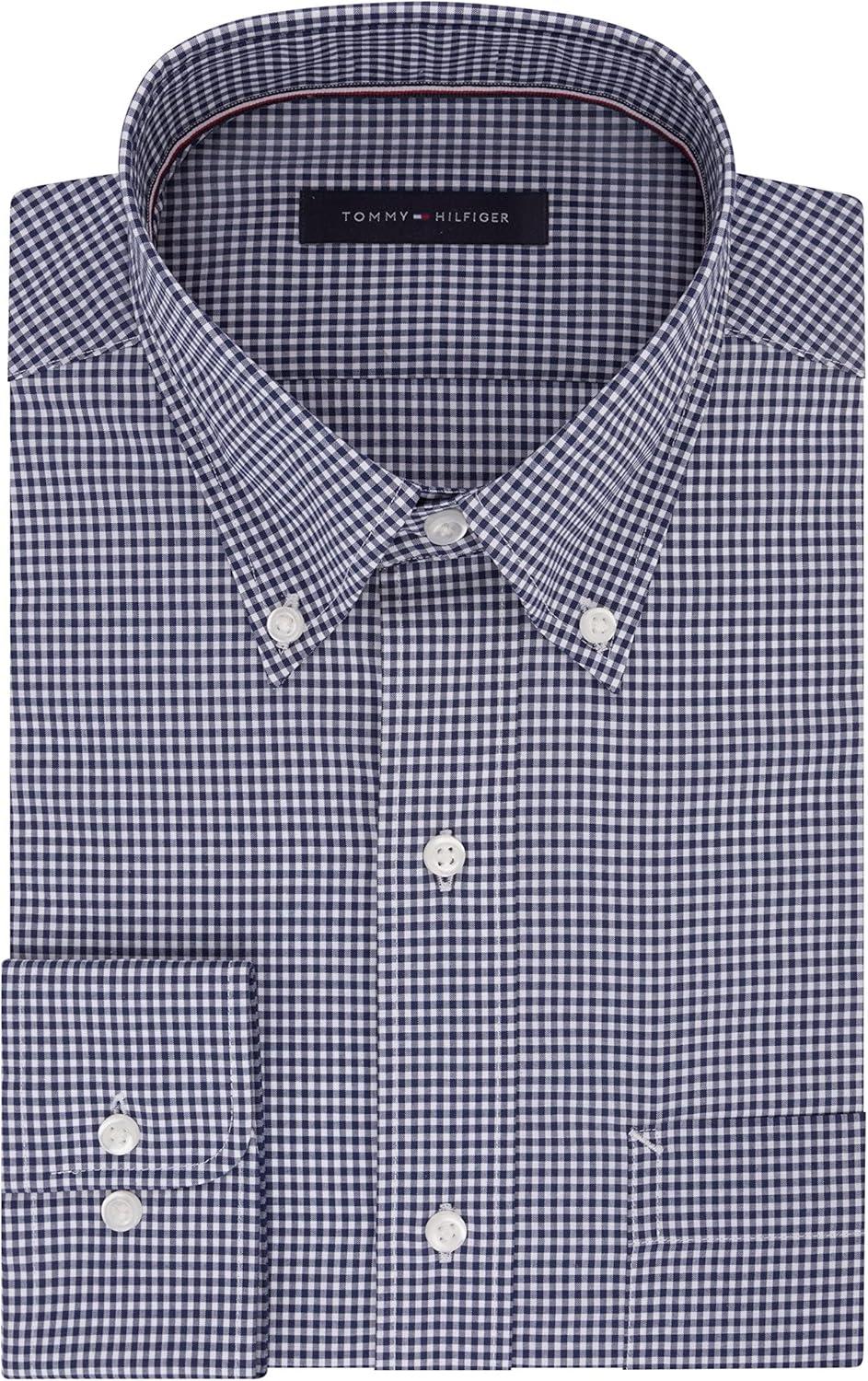 imageTommy Hilfiger Mens Regular Fit Non Iron Gingham Dress Shirt Amazon ExclusiveNavy