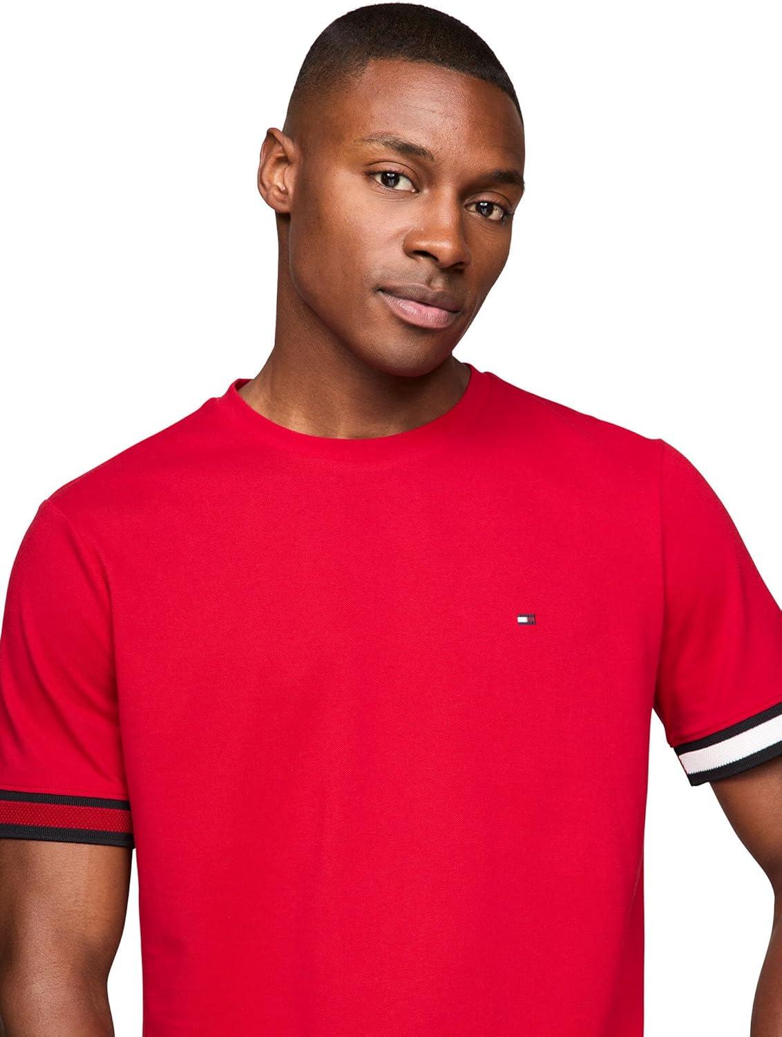 imageTommy Hilfiger Mens Short Sleeve Breathable Cotton TShirts with Cuff DesignMedium Red
