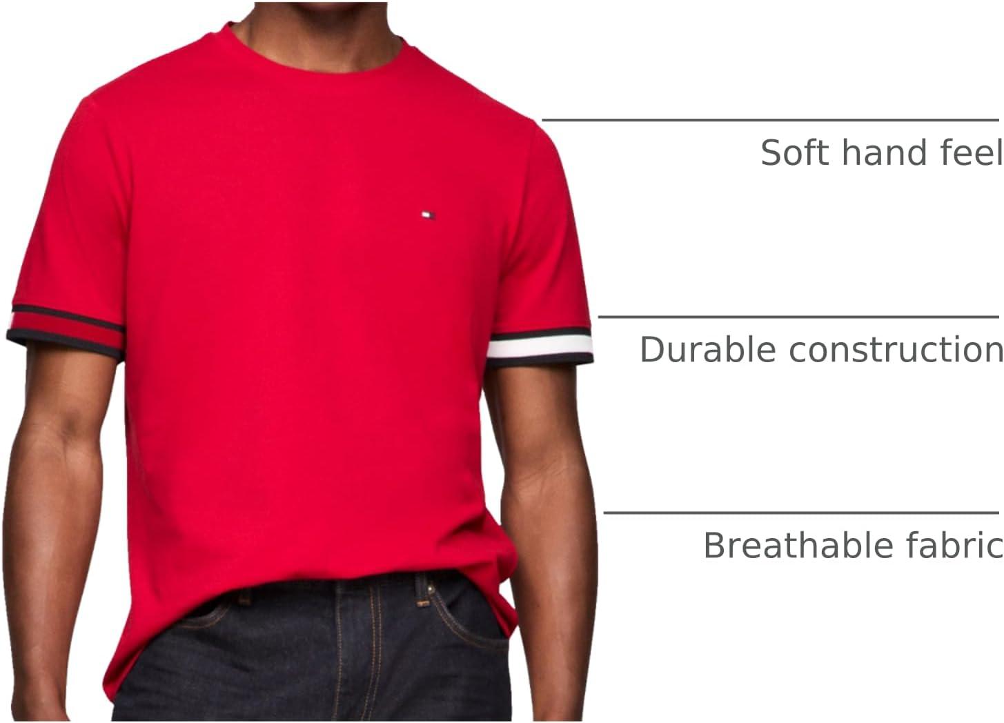 imageTommy Hilfiger Mens Short Sleeve Breathable Cotton TShirts with Cuff DesignMedium Red