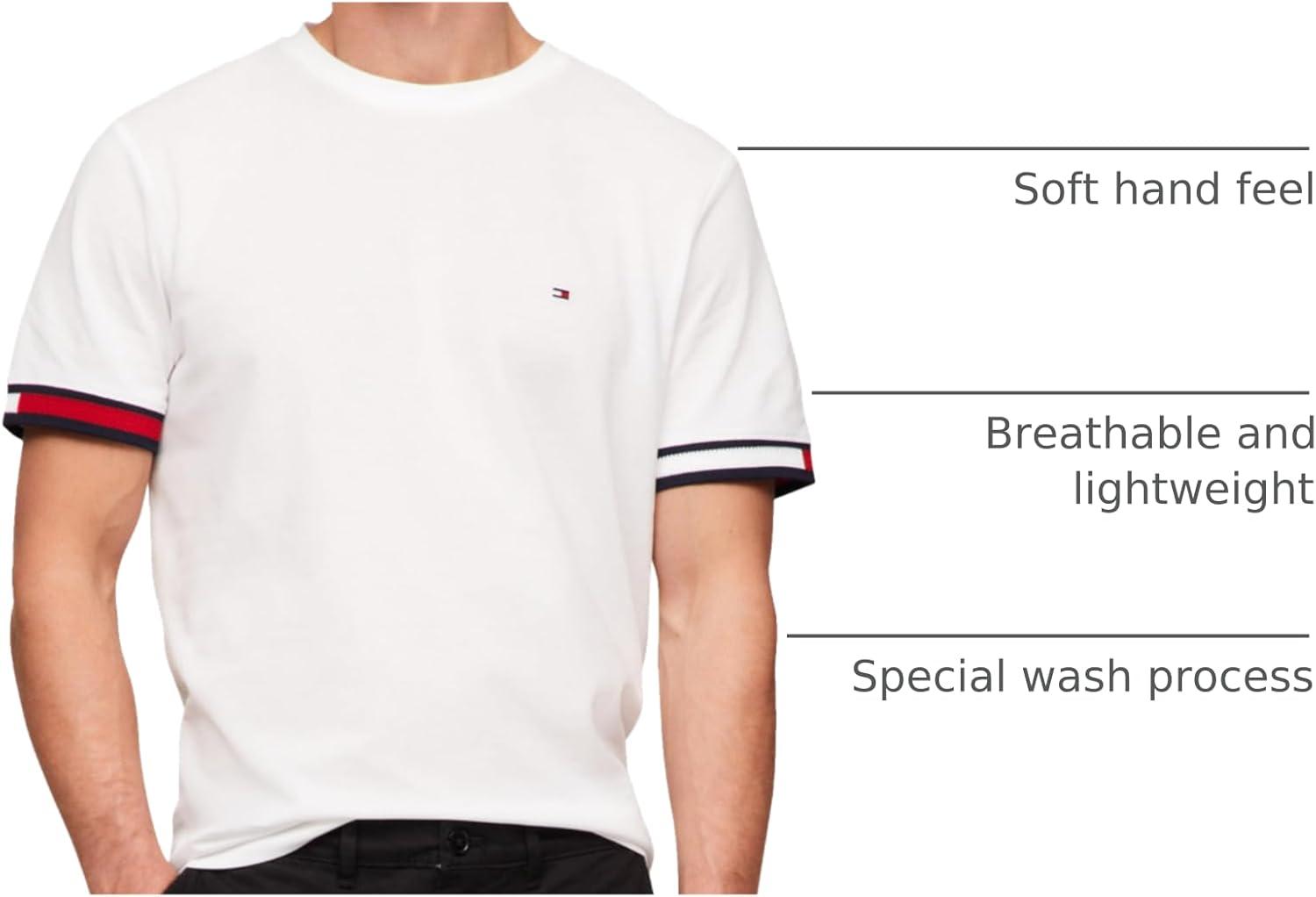 imageTommy Hilfiger Mens Short Sleeve Breathable Cotton TShirts with Cuff DesignWhite