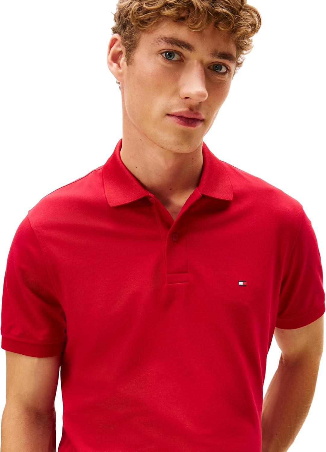 imageTommy Hilfiger Mens Short Sleeve Casual Dri Fit Polo Shirts in Regular Fit with Moisture Wicking and StretchMedium Red