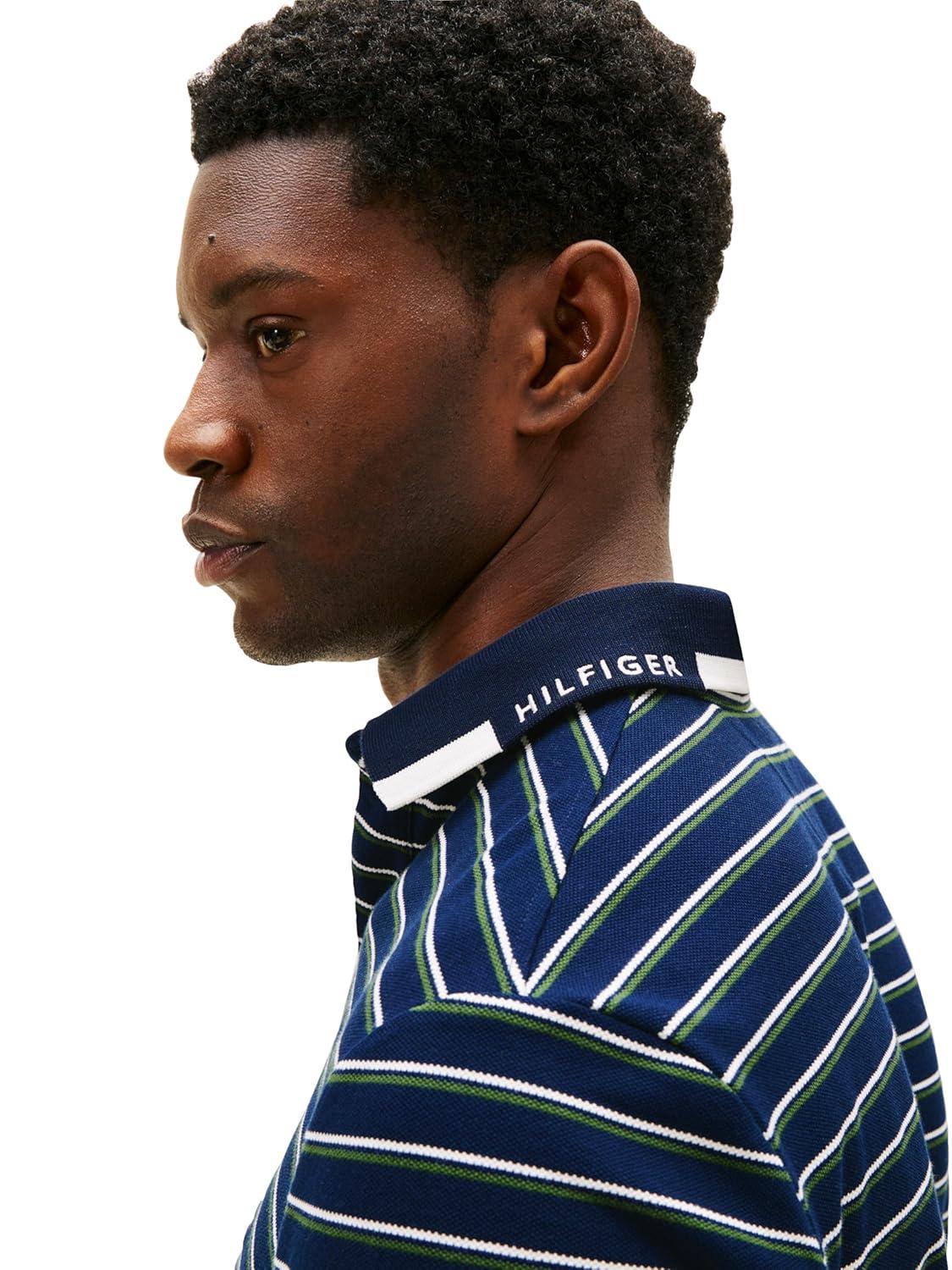 imageTommy Hilfiger Mens Short Sleeve Casual Dri Fit Polo Shirts in Regular Fit with Stretch and Graphic Collar DetailDark Night Navy Artic Spruce